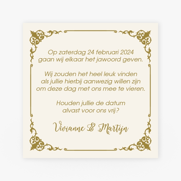 Save the date kaart gouden sierlijst