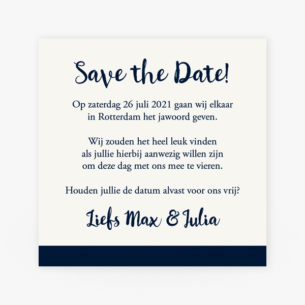 Trouwkaart donkerblauw save the date kaart