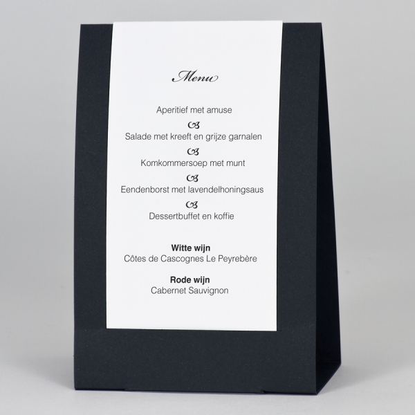 Trouwkaart Menu staander zwart met witte folie