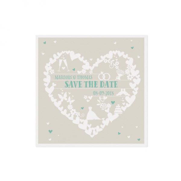 Trouwkaart Save the date passend bij de hippe trouwkaart met diverse symbolen