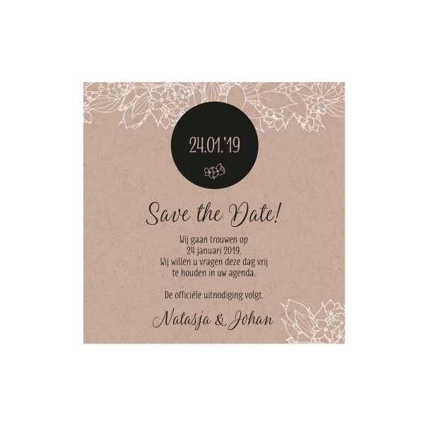 Trouwkaart Save the date passend bij Elegante trouwkaart met krafthoesje en touw met label