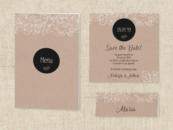 Trouwkaart Save the date passend bij Elegante trouwkaart met krafthoesje en touw met label