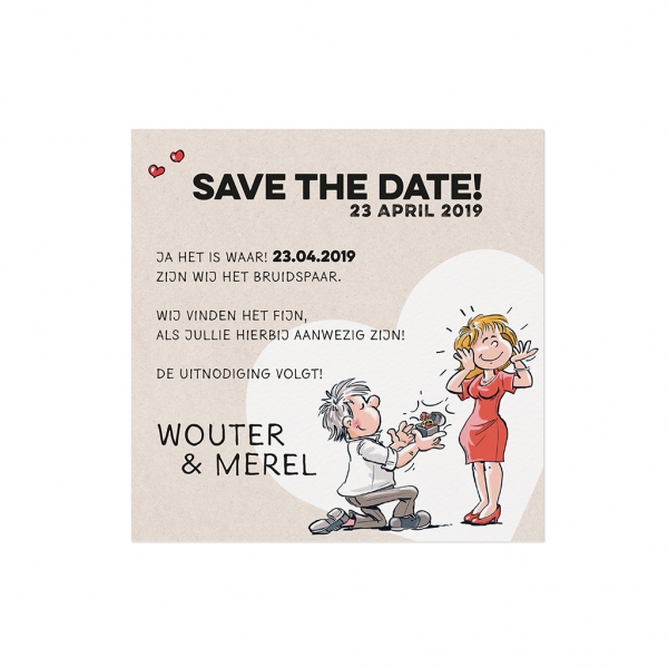 Trouwkaart Save the date passend bij Grappige drieluik met vrolijke illustraties op structuurpapier