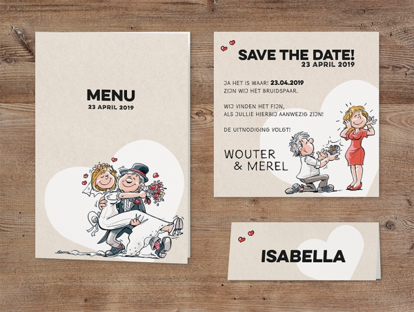 Trouwkaart Save the date passend bij Grappige drieluik met vrolijke illustraties op structuurpapier