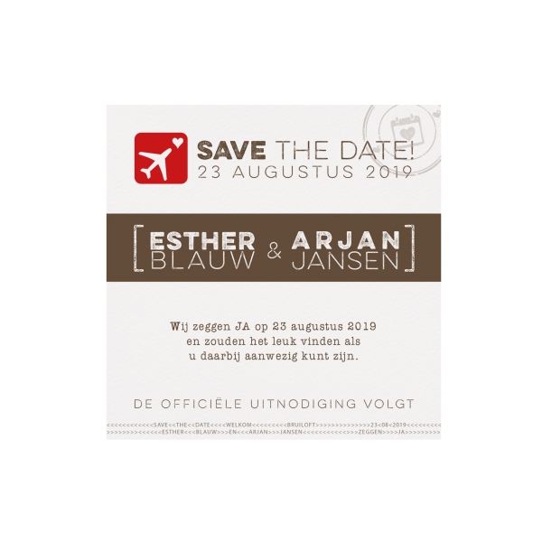 Trouwkaart Save the date passend bij Originele trouwkaart als paspoort inclusief boarding pass en bagagelabel