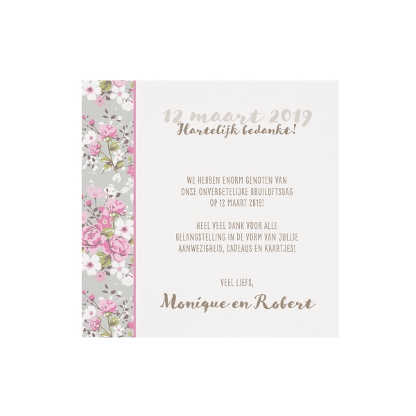 Trouwkaart Save the date passend bij Romantische trouwkaart met bloemen en wikkel met lintje in bloemenmotief