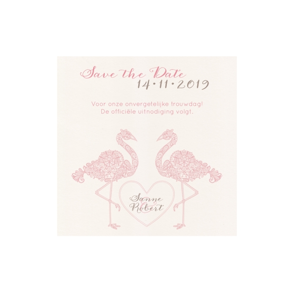 Trouwkaart Save the date passend bij Romantische trouwkaart met sierlijke flamingo's en uitgesneden hart