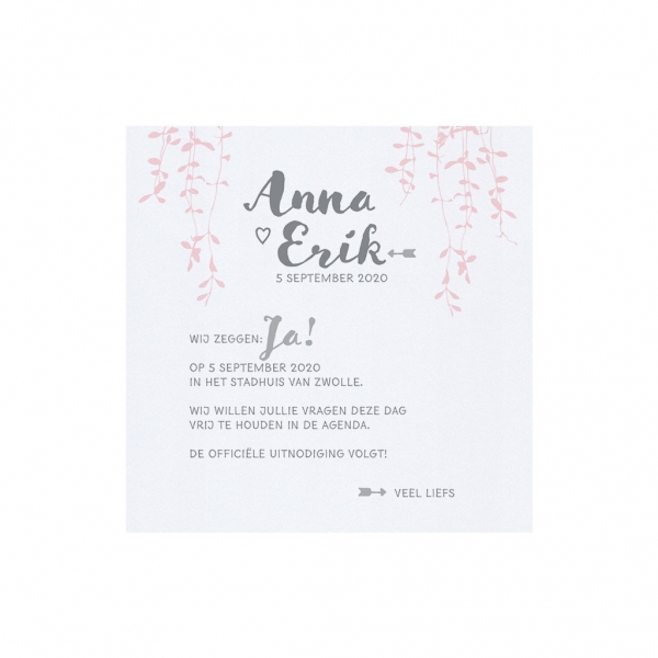 Trouwkaart Save the date past bij trouwkaart - Romantisch met roze kant