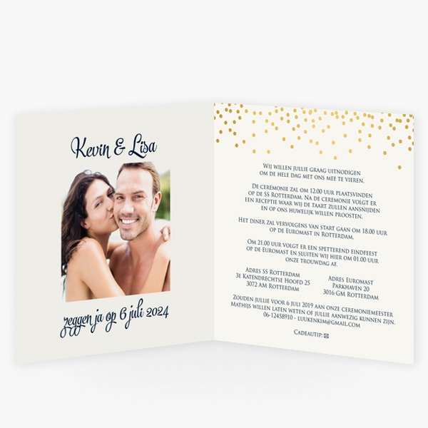 Trouwkaart yes met gouden confetti