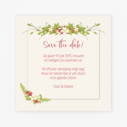 Save the date met bloemen en duiven