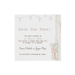 Trouwkaart Save the date passend bij Moderne trouwkaart in vintage look met steigerhout en leuk pop-up effect