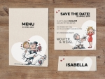 Belarto Bohemian Wedding - Trouwkaart Save the date passend bij Grappige drieluik met vrolijke illustraties op structuurpapier